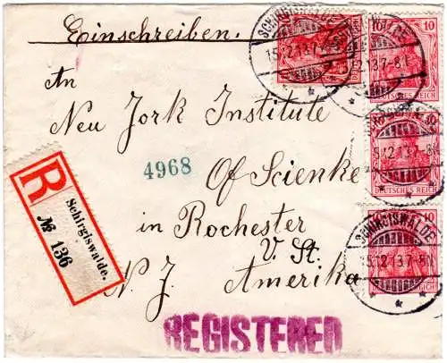 DR 1913, MeF 4x10 Pf. Germania auf Einschreiben Brief v. Schirgiswalde n. USA