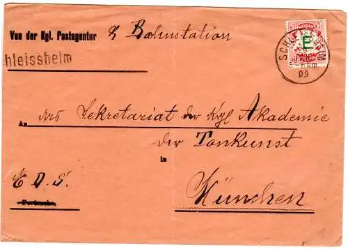 Bayern 1909, 10 Pf. E auf Eisenbahn Dienst Sache Brief v. Schleissheim