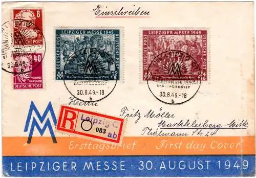 SBZ 1949, 12+24 Pf. Leipziger Messe m. 40+8 Pf.  auf Reko FDC m. rs. Vignette