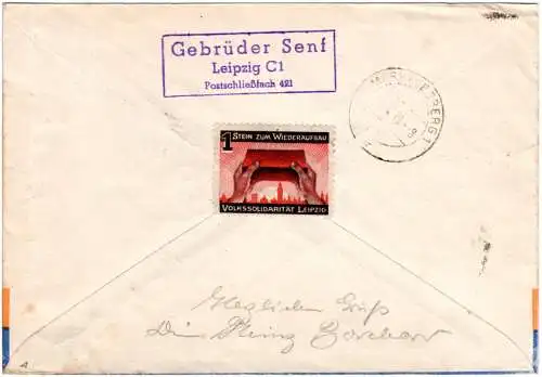 SBZ 1949, 12+24 Pf. Leipziger Messe m. 40+8 Pf.  auf Reko FDC m. rs. Vignette