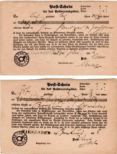 Taxis 1863/65, L1 WIESBADEN auf 2 versch. Postscheinen f.d. Postvereinsgebiet