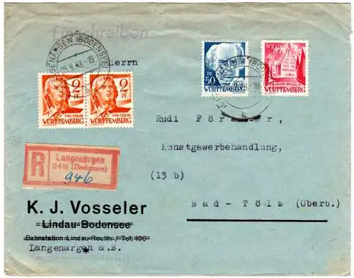Franz. Zone 1948, 4 Marken auf Einschreiben Brief v. Langenargen n. Bad Tölz