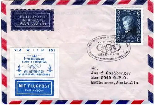 Österreich 1956, 2,40 S. Mozart auf Olympia Sonderflug Brief Nordpol-Melbourne
