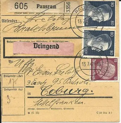 DR 1942, 2x80+15 Pf. auf Dringend Paketkarte v. Pausram. Heute Tschechien