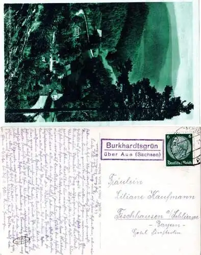DR 1933, Landpost Stpl. BURKHARDTSGRÜN über Aue auf Blauenthal sw-AK m. 6 Pf.