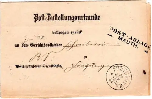 Bayern 1884, L2 POST-ABLAGE MAUTH klar auf Zustellungsurkunde n. Freyung v.W.