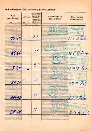 BRD 1952, Landpoststempel 13b GENDERKINGEN über Rain mehrfach auf Postformular