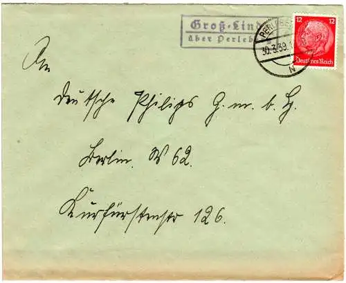 DR 1939, Landpost Stpl. Gross-Linde über Perleberg auf Brief m. 12 Pfg. 