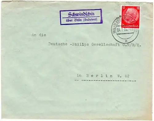 DR 1939, Landpost Stpl. SCHWINDSCHITZ über Bilin (Sudeten) auf Brief m. 12 Pfg. 