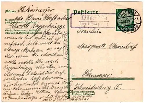 DR 1933, Landpost Stpl. WISPENSTEIN über Alfeld (Leine) auf 6 Pf. Ganzsache