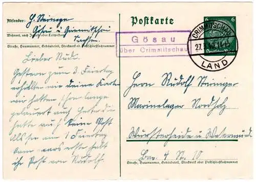 DR 1940, Landpost Stpl. GÖSAU über Crimmitschau auf 6 Pf. Ganzsache