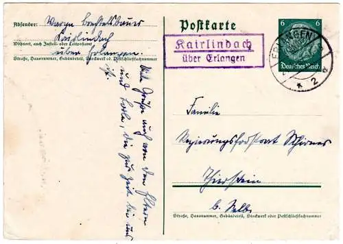 DR 1937, Landpost Stpl. KAIRLINDACH über Erlangen auf 6 Pf. Ganzsache