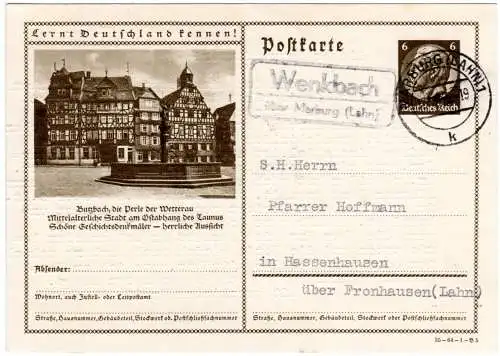DR 1935, Landpost Stpl. WENKBACH über Marburg (Lahn) auf 6 Pf. Bild-Ganzsache