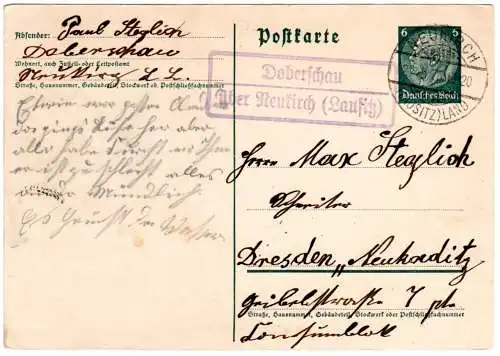 DR 1935, Landpost Stpl. DOBERSCHAU über Neukirch (Lausitz) auf 6 Pf. Ganzsache