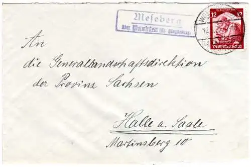 DR 1935, Landpost Stpl. MESEBERG über Wolmirstedt auf Brief m. 12 Pf.