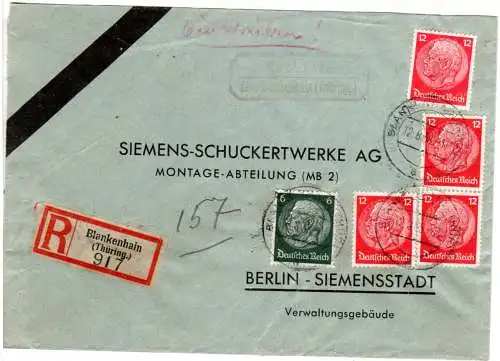 DR 1938, Landpost Stpl. MECKFELD über Blankenhain auf Reko-Brief m. 6+4x12 Pf.