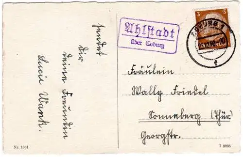 DR 1940, Landpost Stpl. AHLSTADT über Coburg auf Karte m. 3 Pf.
