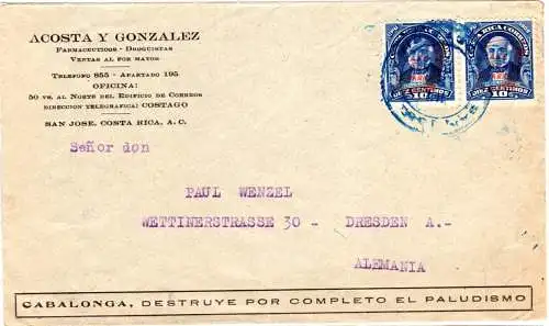 Costa Rica 1922, Paar 10 C. m. Aufdr. Café De Costa Rica auf Brief n Deutschland