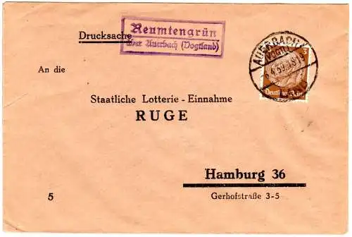 DR 1939, Landpost Stpl. REUMTENGRÜN über Auerbach (Vogtland) auf Brief m. 3 Pf.