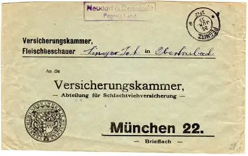 DR 1933, Landpost Stpl. NEUDORF (b. OBERTRUBACH) Pegnitz Land auf Vers.-Brief 