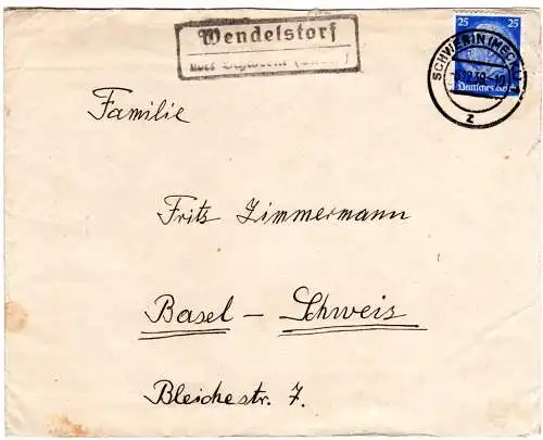 DR 1939, Landpost Stpl. WENDELSTORF über Schwerin auf Auslands Brief m. 25 Pf. 