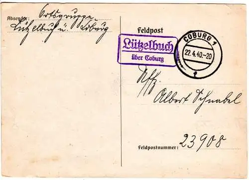 DR 1940, Landpost Stpl. LÜTZELBUCH über Coburg auf Feldpost-Karte
