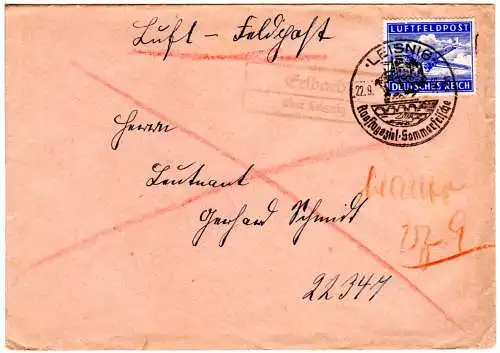 DR 1942, Landpost Stpl. ERLBACH über Leisnig auf Feldpost-Brief m. Luftpostmarke