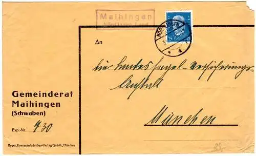 DR 1932, Landpost Stpl. MAIHINGEN Nördlingen Land auf Gemeinderat-Brief m. 25 Pf