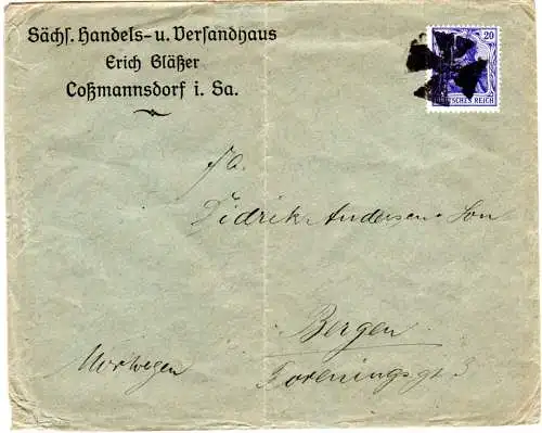 DR, 20 Pf. Germania auf Brief m. Kreuz Figurenstpl. v. Coßmannsdorf n. Norwegen