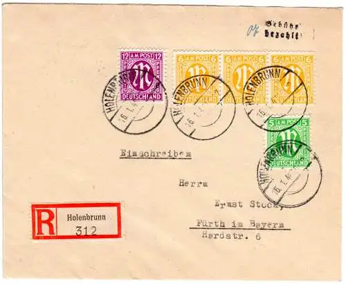 AM-Post 1945, Einschreiben Brief v. Holenbrunn m portorichtiger Teilbarfrankatur