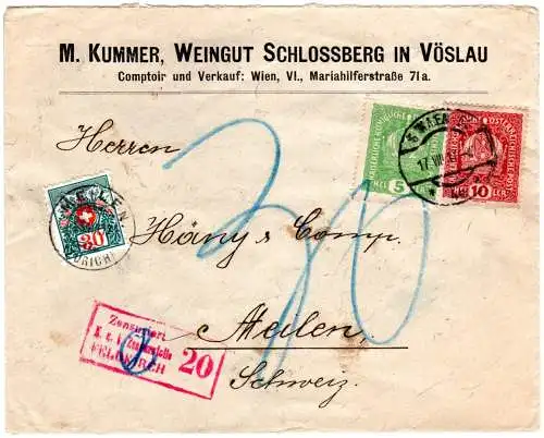Österreich 1917, 5+10 H. auf Vöslau Weingut Brief v. Wien  m. Schweiz Portomarke