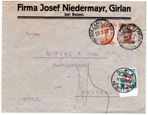 Italien 1922, 20+40 C. auf Brief v. Girlan m. Bozen Ferrovia u. Schweiz Porto