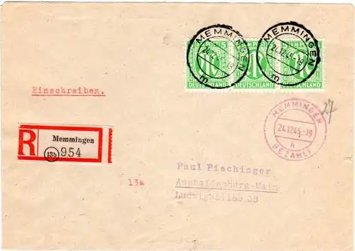 AM-Post 1945, Einschreiben Brief v. Memmingen m. portorichtiger Teilbarfrankatur