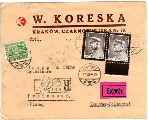 Polen 1935, 2x1 Z.+10 Gr. auf Firmen Reko Express Brief v. Krakow n. Deutschland