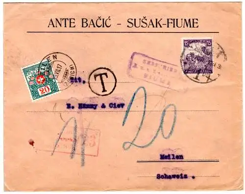 Ungarn 1917, 15 F. auf Firmen Brief v. Fiume m. 20 C. Schweiz Portomarke
