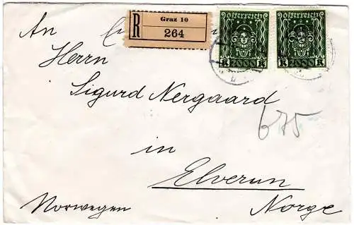 Österreich 1923, MeF 2x2000 K. auf Einschreiben Brief v. Graz n. Norwegen
