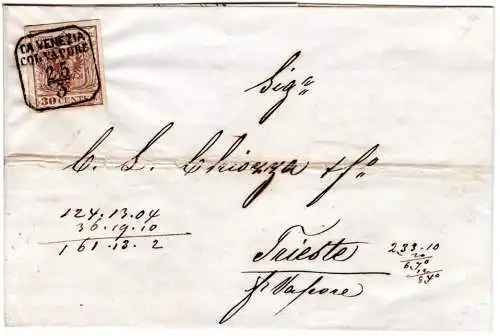 Lombadei Venetien, 6 Kr. auf Brief m. Schiffspost-R4 DA VENEZIA COL VAPORE