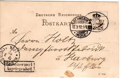 DR 1892, Portofreiheits Siegelstpl. u. R2 Grosherz. Angel. auf Karte v. Schwerin