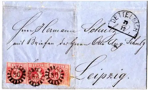 Bayern 1866, 3 voll-/breitr. 3 Kr. auf Brief m. MR 80 v. Dettelbach n. Sachsen