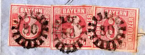 Bayern 1866, 3 voll-/breitr. 3 Kr. auf Brief m. MR 80 v. Dettelbach n. Sachsen