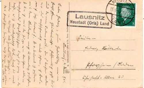 DR 1931, Landpost Stpl. LAUSNITZ Neustadt (Orla) LAND auf AK m. 8 Pf.
