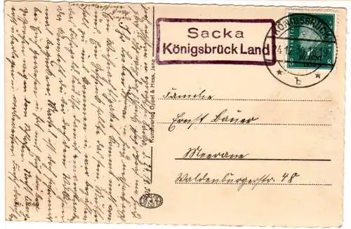 DR 1930, Landpost Stpl. SACKA Königsbrück Land auf Karte m. 8 Pf.