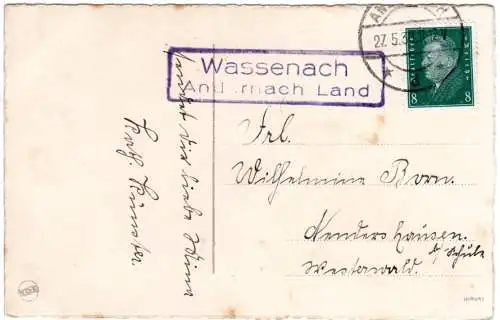 DR 1930, Landpost Stpl. WASSENACH Andernach Land auf Karte m. 8 Pf.