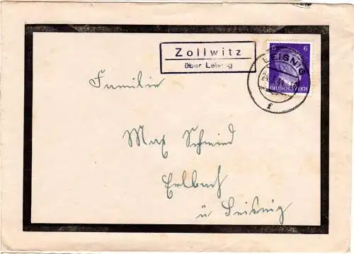 DR 1944, Landpost Stpl. ZOLLWITZ über Leisnig auf Trauerbrief m. 6 Pf.