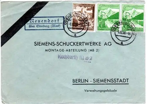 DR 1938, Landpost Stpl. NEUENDORF über Oderberg (Mark) auf Brief m. 3+2x5 Pf WHW