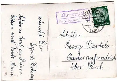 DR 1936, Landpost Stpl. BURWINKEL über Oldenburg auf Karte m. 6 Pf.