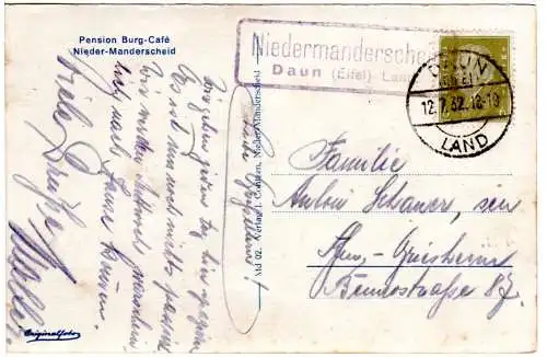 DR 1932, Landpost Stpl. NIEDERMANDERSCHEID DAUN (Eifel) Land auf Karte m. 6 Pf.