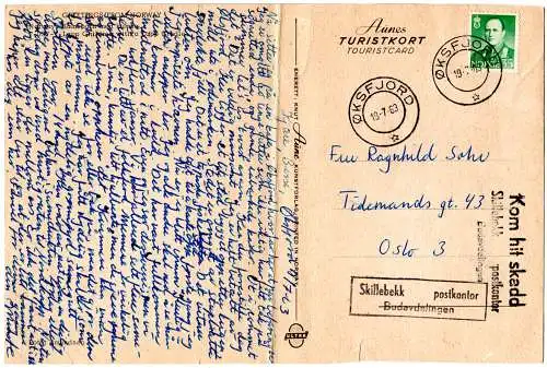 Norwegen, 2 Skillebekk Postkontor instructional markings on card from Öksefjord