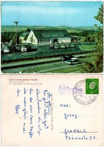 BRD 1959, Landpost Stpl 22b NESCHEN über Linz auf Autobahn Rasthaus Fernthal AK
