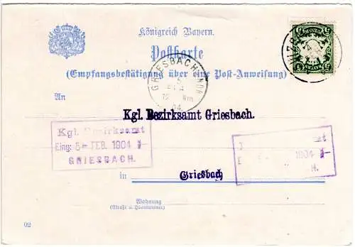 Bayern 1904, K1 SULZBACH a INN auf Postanweisungs-Empfangsbestätigung v. Mittich